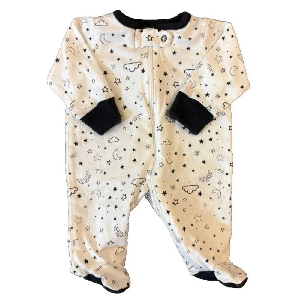 Preemie Baby Boy Girl Unisex Sleeper Moon Stars Black White Zipper Outfit Romper